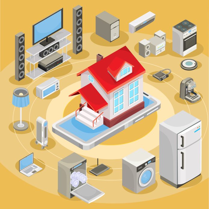 Vector isometric abstract illustration smart home, controlling through internet home work equipment.